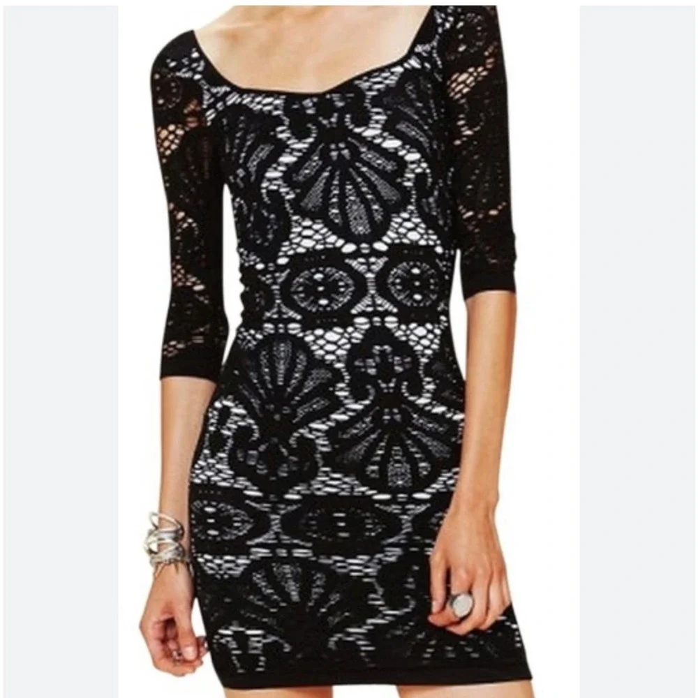 ND1 Free People Black Crochet Lace Bodycon Dress Party Cocktail‎ Evening